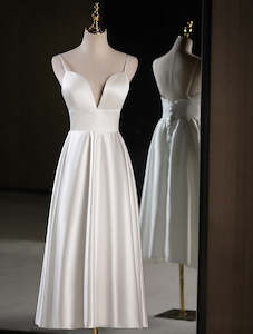 Womenswear: 71862- Simple satin midi wedding dress with spagetti straps