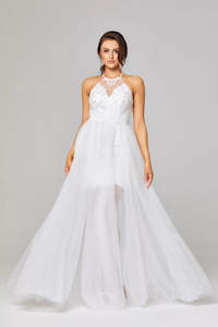 Womenswear: 71456 Halter, open back mini wedding dress