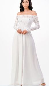 11105 White A line chiffon, lace off shoulder sleeves and bodice.