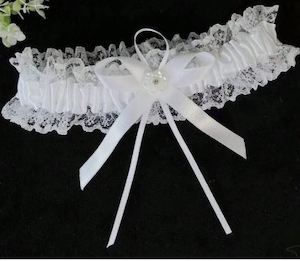 Womenswear: BBG20 White lace garter with white satin ribbon and beaded flower