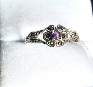 Ring, Amethyst and Marcarsite flower style on a Sterling Silver band