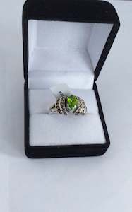 Florist: Ring, Bridge Style Peridot and Marcasite, Sterling Silver