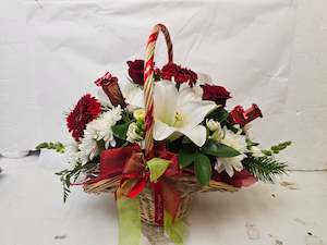 Florist: Flower Arrangement, Christmas Basket with chocolates