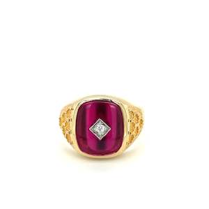 Broadway Jewellers 9ct Yellow Gold 14x12mm cushion synthetic ruby gents ring cen…