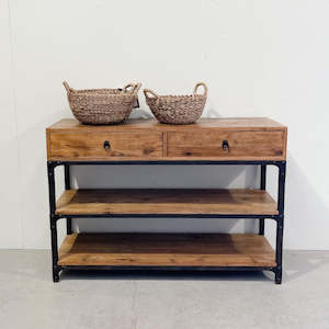 Fir & Iron Table w. Shelves & Drawers DARK BROWN