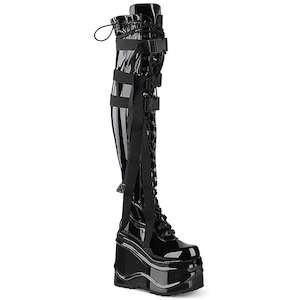 Clothing: Wave-315 Platform Boots - Black Stretch Patent