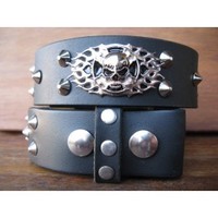 BLACK LEATHER BELT STUDDED & FLAMING SKULLS