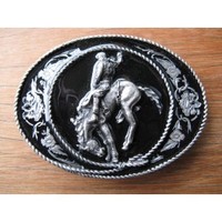 Bronco Rider Flower Ring Diamondcut Belt Buckle