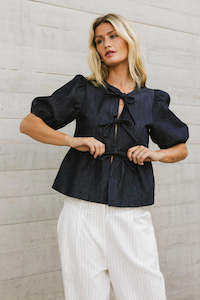 GIGI Peplum Tie Front Top - Dark Denim