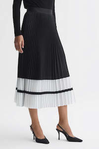 REISS Marie High Rise Pleated Midi Skirt - Black/White Sz12