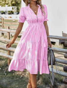 Striped Tassel Midi Dress-Pink