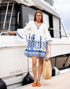 GREEK ARCHAIC KORI Feather Chevron Mini Dress - White/Blue SzS