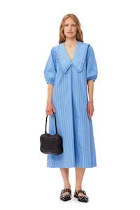 GANNI Re-cut Striped Cotton V-Neck Maxi Dress -Silver Lake Blue Sz38 NZ12-