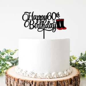 Laser Cut Wood Gifts: Happy 60th Birthday Cake Topper with Redband Gumboots