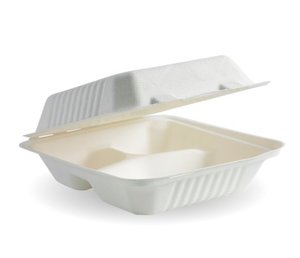 Food Clams: 20X22X8CM / 7.8X8X3" 3-COMPARTMENT WHITE BIOCANE CLAMSHELL