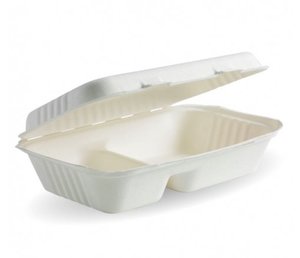 Food Clams: 23X15X8CM / 9X6X3" 2-COMPARTMENT WHITE BIOCANE CLAMSHELL