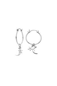 Jewellery: Moon and Star Charm Hoops Silver