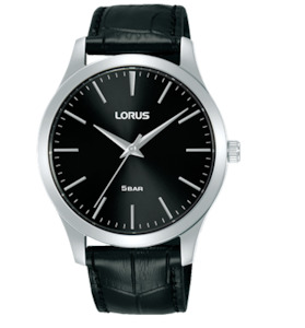 Gents watch - Black leather strap - Black dial