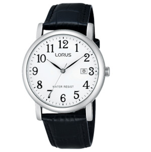 Gents Watch - Black Leather Strap - White Dial