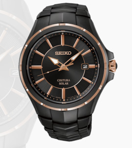 Jewellery: Mens Black & Rose Gold Coutura Solar Sports Watch