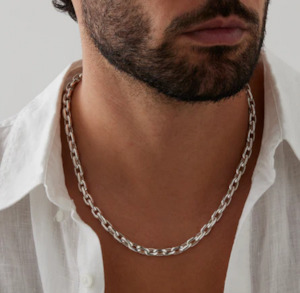 Mens Oval Link Silver Necklace - 55cm - SS