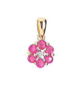 9ct Yellow Gold Ruby & Diamond Cluster Pendant