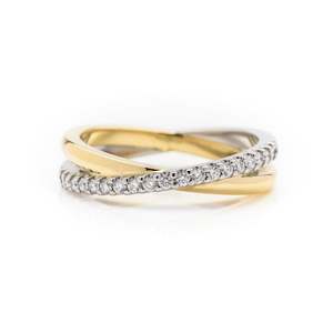 18ct yellow gold and platinum crossover diamond wedding ring