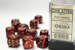 Chessex - Signature 16mm d6 (12 Dice) Glitter Ruby/gold