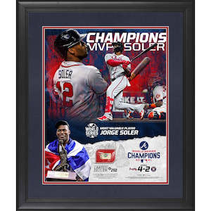 Toy: Fanatics Authentic Jorge Soler Atlanta Braves 2021 MLB World Series MVP Framed 16'' x 20'' Scores Collage with a Piece of Game-Used World Series Baseball - Limited Edition of 250