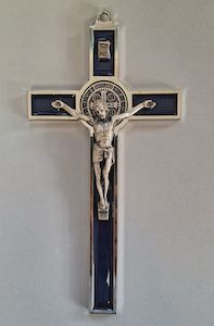 St Benedict Crucifix 19cm Blue/Silver Italian made Family Life Catholic Gifts