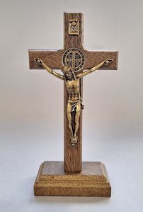 St Benedict Standing Walnut Wooden Crucifix – 13.5cm Family Life Catholic Gifts