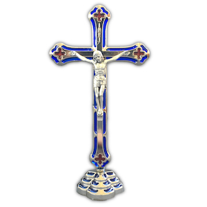 Standing Crucifix – Blue Stained Glass 15cm Family Life Catholic Gifts