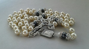 Gift: Elegant “Pearl”/Hematite/Crystal Rosary Family Life Catholic Gifts