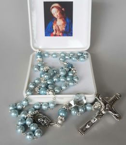 Fatima Rosary (Blue – Pearl-like Glass Beads) Family Life Catholic Gifts