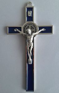 Crucifix – St Benedict Medal – Blue/Silver 7.5cm ,Italian Family Life Catholic Gifts