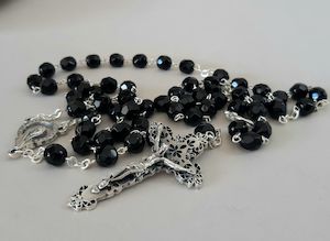 Black Glass Rosary – Tin cut effect Family Life Catholic Gifts