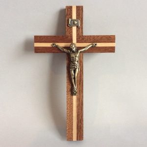 Beautiful Hanging Wooden Crucifix, Two Tone 27cm Family Life Catholic Gifts