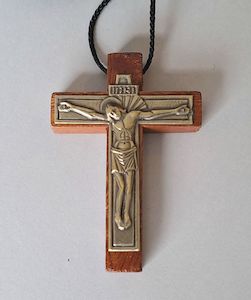 Crucifix – Wood/Gold on Cord Family Life Catholic Gifts