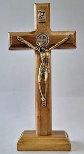 Crucifix – Wooden Standing St Benedict, 19cm Family Life Catholic Gifts