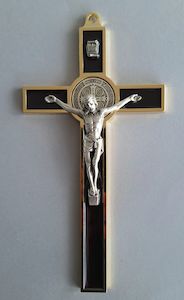 Crucifix St Benedict – Gold and Dark Brown Family Life Catholic Gifts