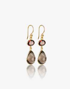 Garnet and Smokey Quartz Gold Earrings