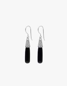 Black Onyx Engraved Silver Earrings