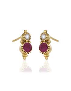 Ruby & Pearl Gold Earrings