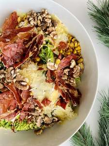 christmas: Baby gem lettuce, crispy prosciutto, parmesan, creamy ranch dressing, walnuts, chargrilled fresh sweetcorn, chimichurri