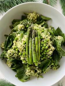 Brown rice, asparagus, broccolini, smashed peas, truffle, ricotta, parmesan, basil pesto GF