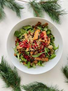 Dukkah carrots, red roasted red onions, pearl barley, feta yoghurt, rocket, pomegranate GF