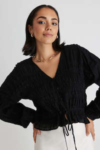 Jolie Black Shirred LS Top