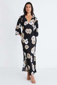 Phoenix Black Floral Satin LS Bias Dress