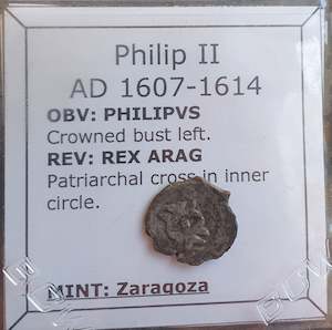 #o883# Spanish Medieval denier coin of Philip II from 1607-1614 AD