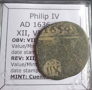 Antique: #o885# Spanish Countermarked 8 maravedis coin of Philip IV, 1654 AD